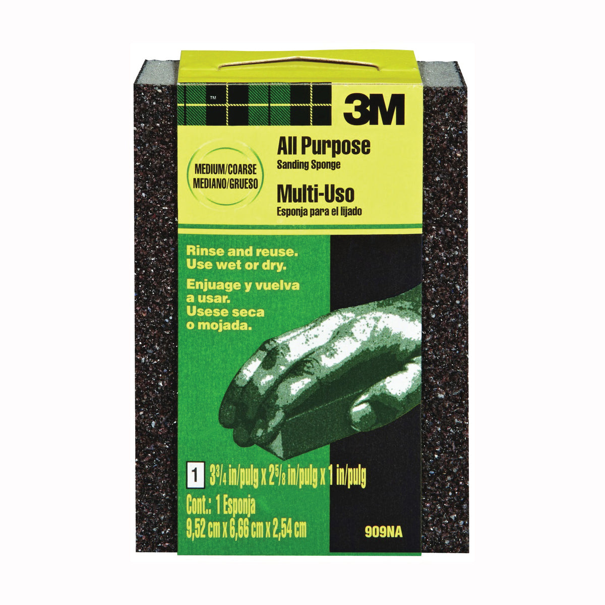 3M 909 Sanding Sponge, 3-3/4 in L, 2-5/8 in W, Coarse, Medium, Aluminum Oxide Abrasive