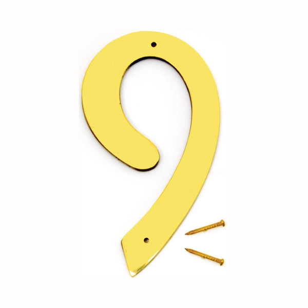 HY-KO BR-40/9 House Number, Character: 9, 4 in H Character, 2-1/2 in W Character, Brass Character, Brass