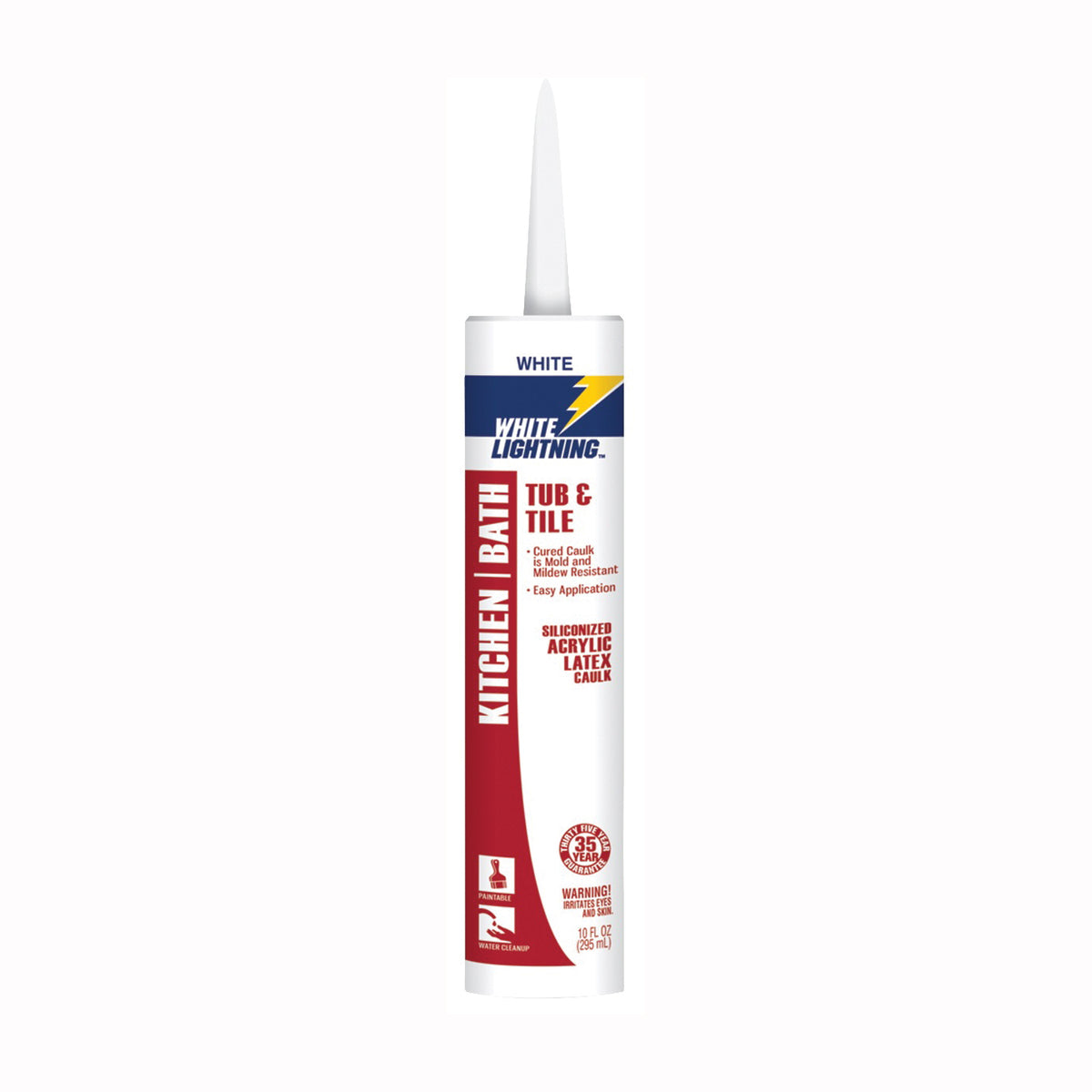 WHITE LIGHTNING W22000010 Adhesive Caulk, White, -30 to 180 deg F, 10 fl-oz Cartridge