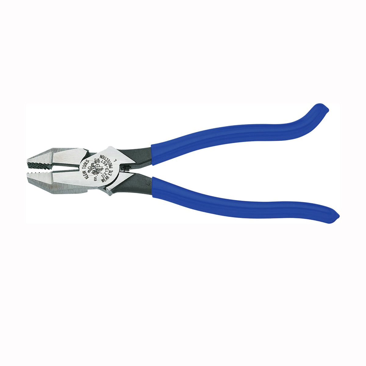 KLEIN TOOLS D213-9ST Ironworker&#39;s Plier, 9-3/8 in OAL, Blue Handle, Hook Bend Handle, 1-1/4 in W Jaw, 1.594 in L Jaw