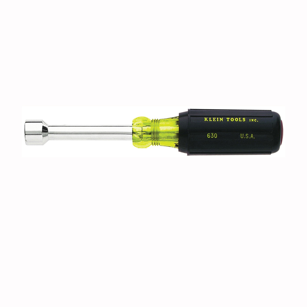 KLEIN TOOLS 630-1/4 Nut Driver, 1/4 in Drive, 6-3/4 in OAL, Cushion-Grip Handle, Black/Yellow Chrome Handle, Nonmagnetic