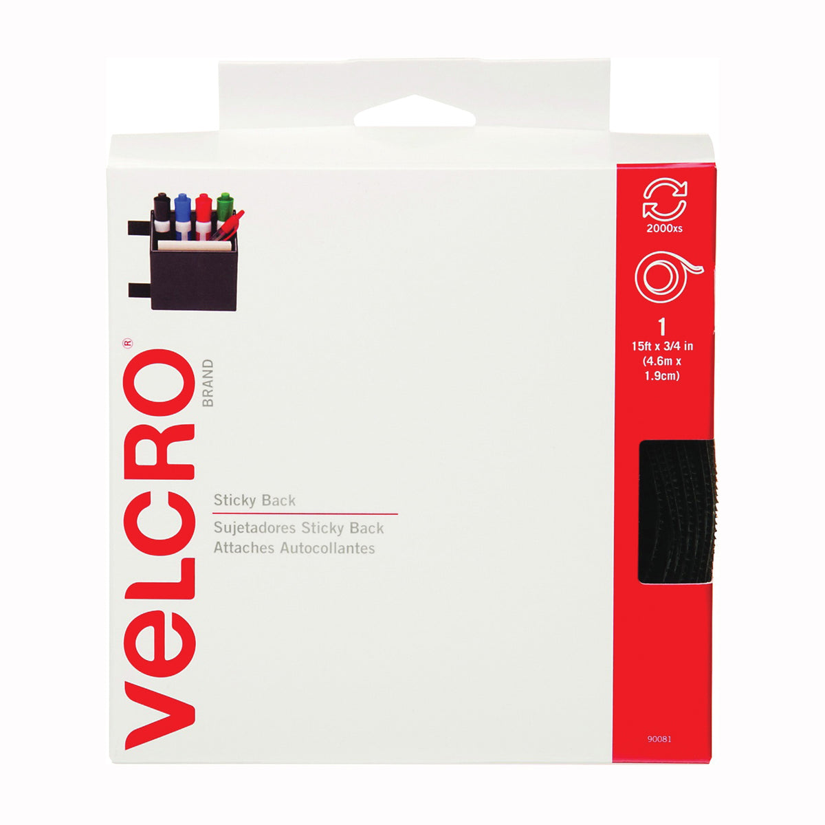 VELCRO Brand 90081 Fastener, 3/4 in W, 15 ft L, Nylon, Black, Rubber Adhesive