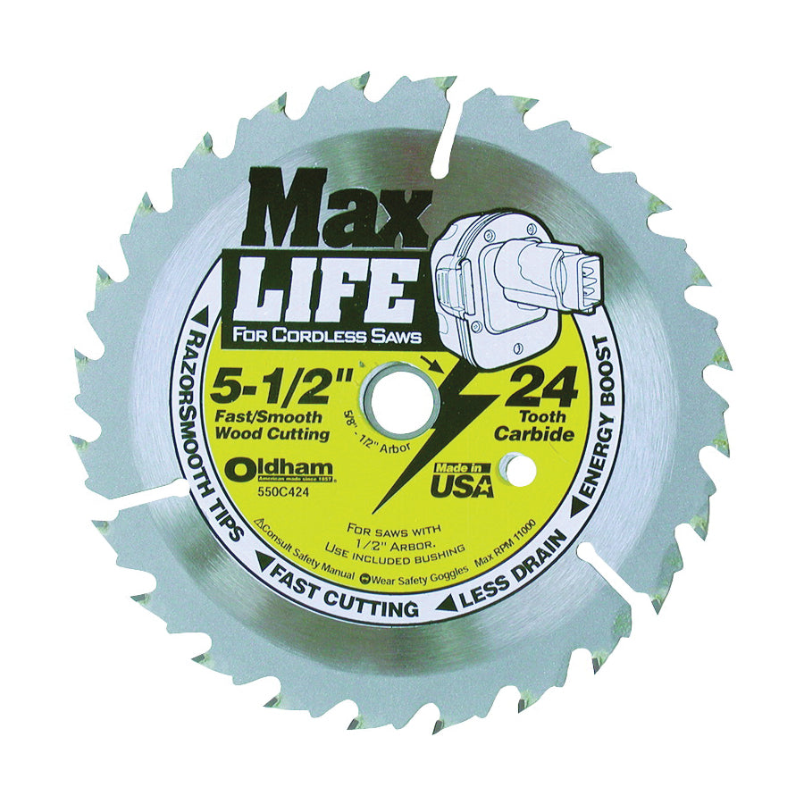 OLDHAM 550C424 Circular Saw Blade, 5-1/2 in Dia, 5/8 in Arbor, 24-Teeth, Carbide Cutting Edge