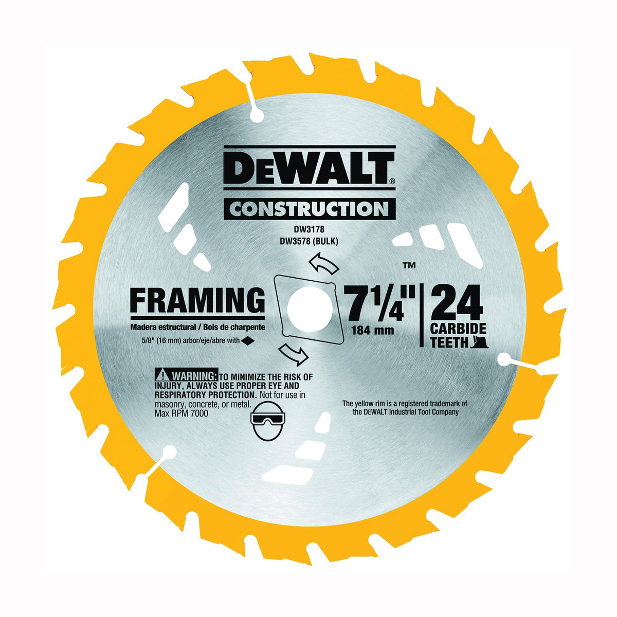 DeWALT DW3178 Framing Blade, 7-1/4 in Dia, 5/8 in Arbor, 24-Teeth, Carbide Cutting Edge