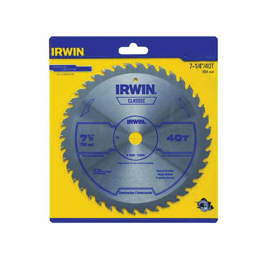 IRWIN 15230ZR Circular Saw Blade, 7-1/4 in Dia, 5/8 in Arbor, 40-Teeth, Carbide Cutting Edge