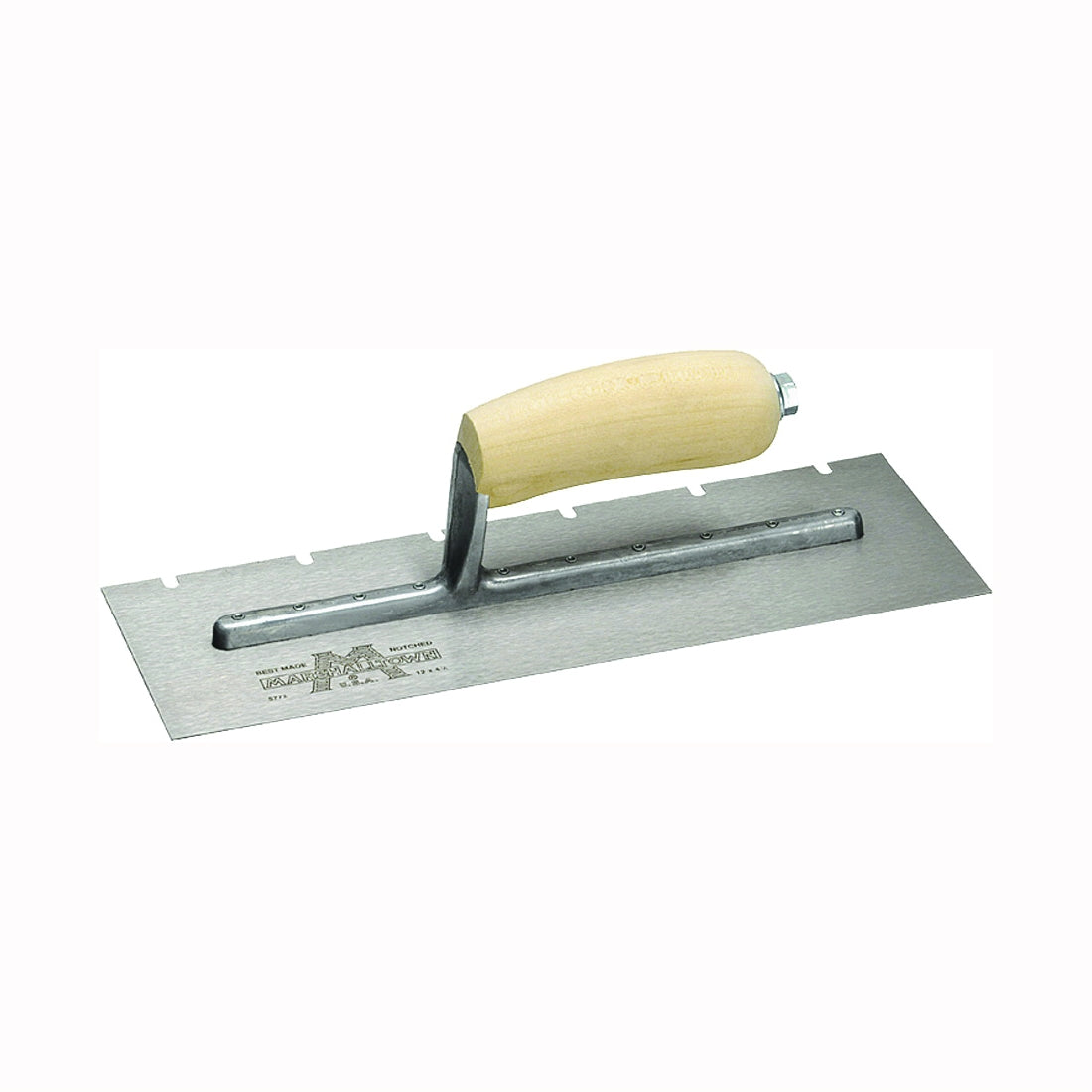 Marshalltown 701S Trowel, 11 in L, 4-1/2 in W, V Notch, Curved Handle