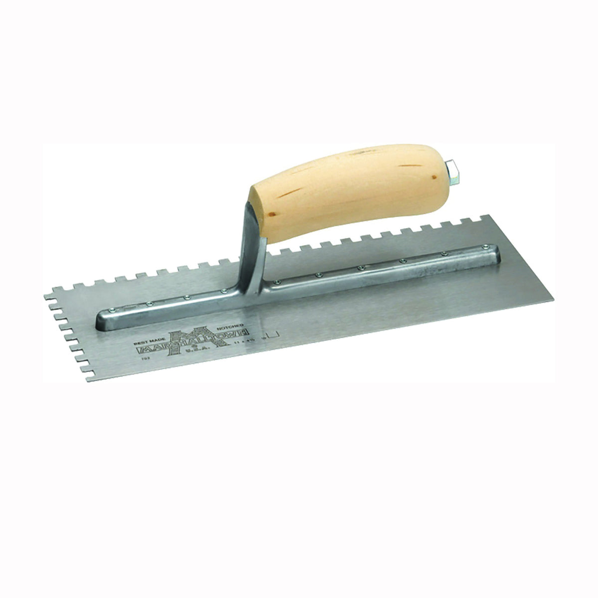 Marshalltown 703S Trowel, 11 in L, 4-1/2 in W, Square Notch, Curved Handle