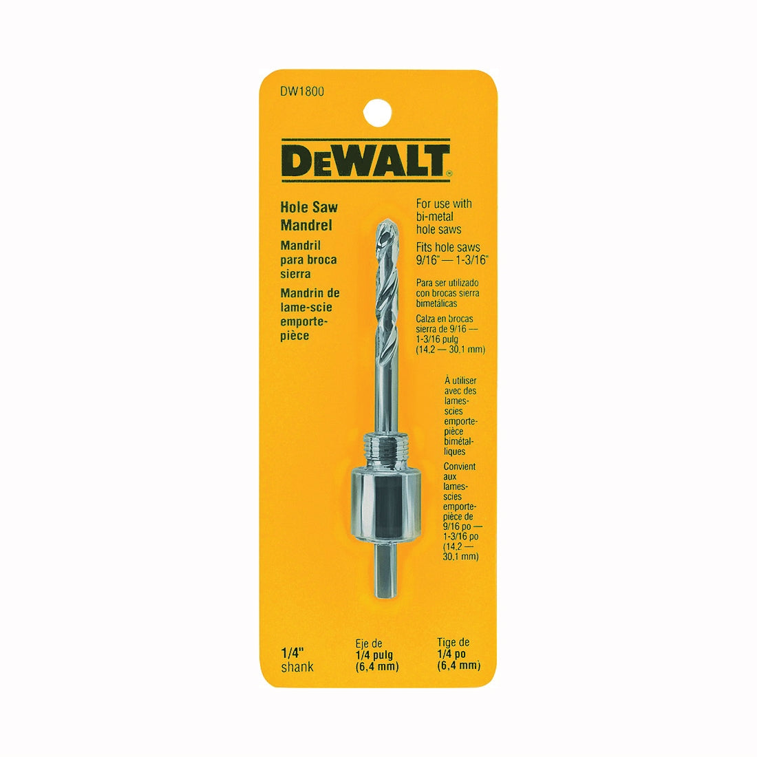 DeWALT DW1800 Hole Saw Mandrel, 1/4 in Shank, Round Shank