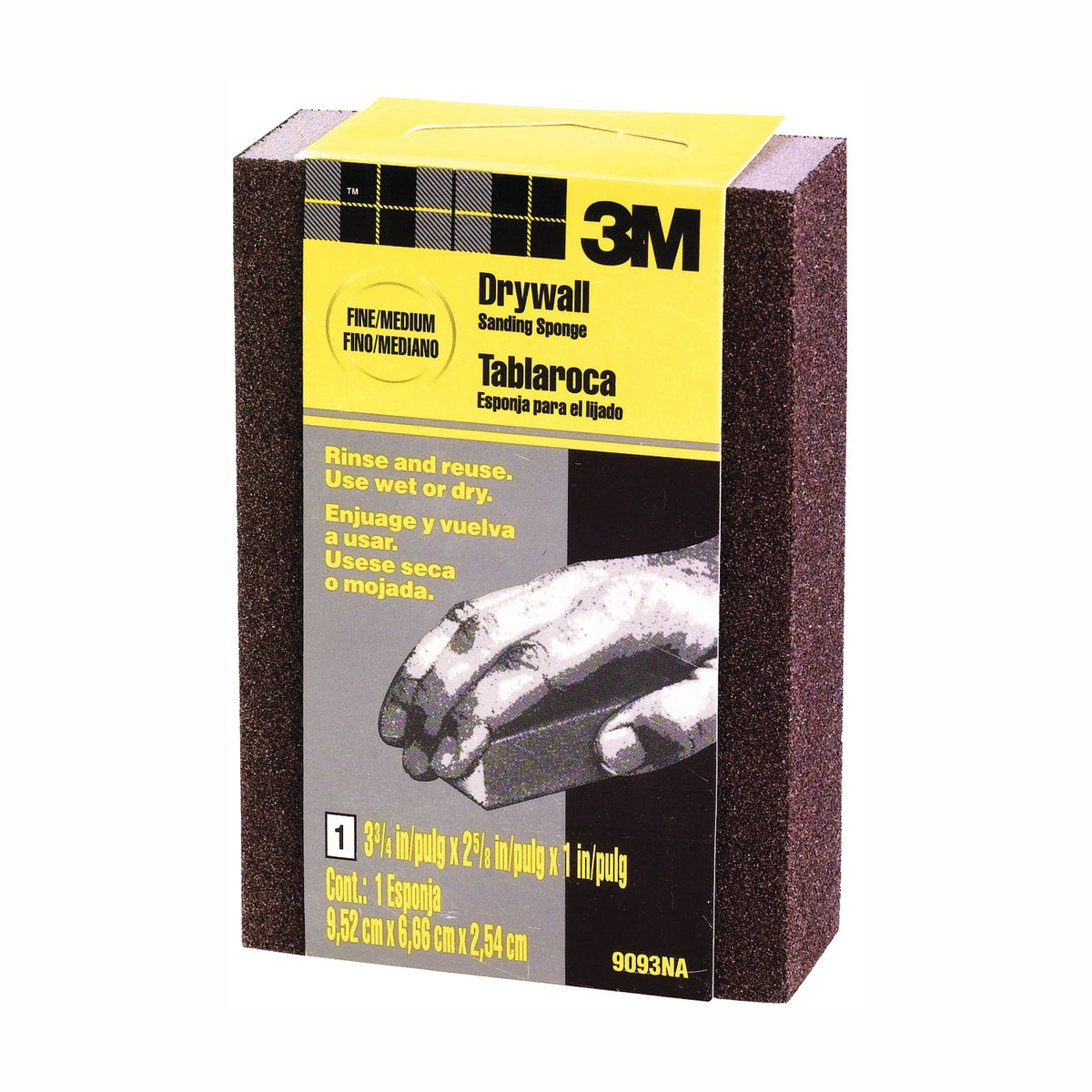 3M 9093 Sanding Sponge, 3-3/4 in L, 2-5/8 in W, Fine, Medium