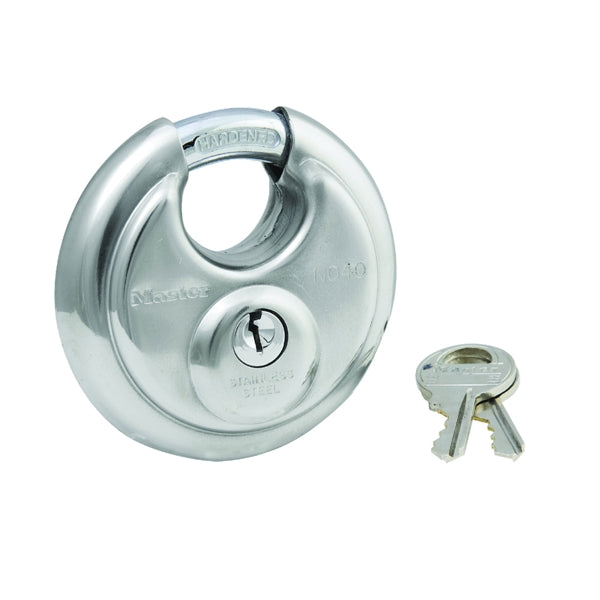 Master Lock 40D Padlock, Keyed Different Key, Shrouded Shackle, 3/8 in Dia Shackle, Steel Shackle, Stainless Steel Body