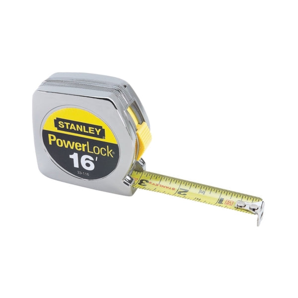 STANLEY 33-116 Measuring Tape, 16 ft L Blade, 3/4 in W Blade, Steel Blade, ABS Case, Chrome Case