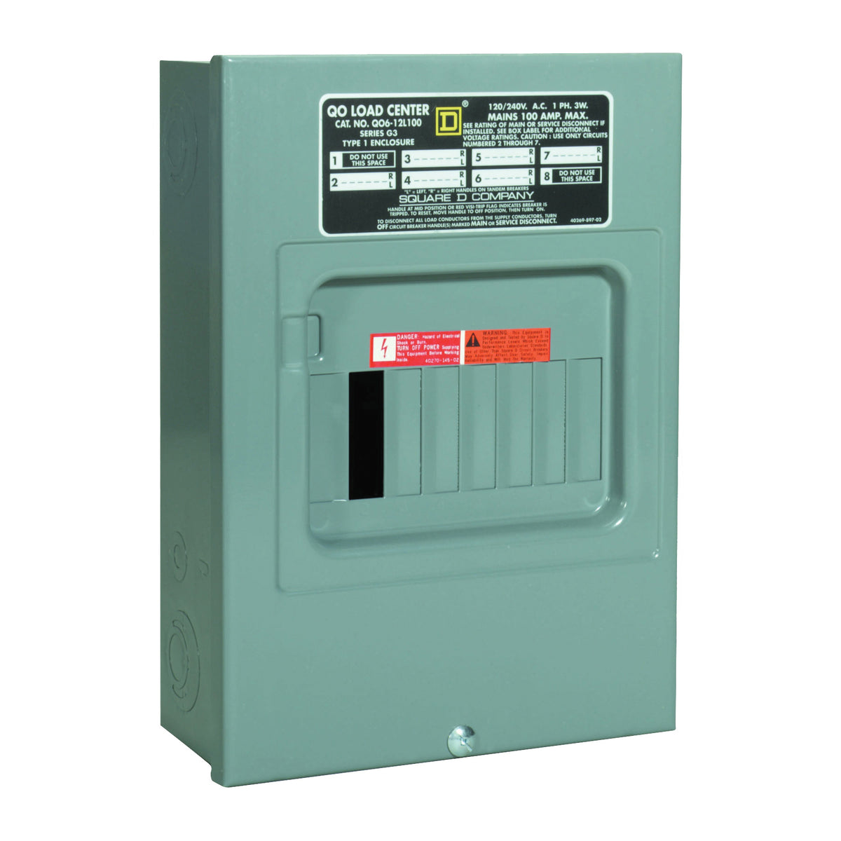 Square D QO QO612L100SCP Load Center, 100 A, 6 -Space, 12 -Circuit, Main Lug, NEMA 1 Enclosure, Plug Mounting