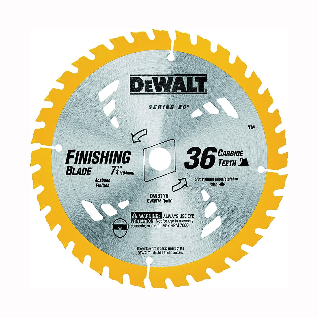 DeWALT DW3176 Saw Blade, 7-1/4 in Dia, 5/8 in Arbor, 36-Teeth, Carbide Cutting Edge