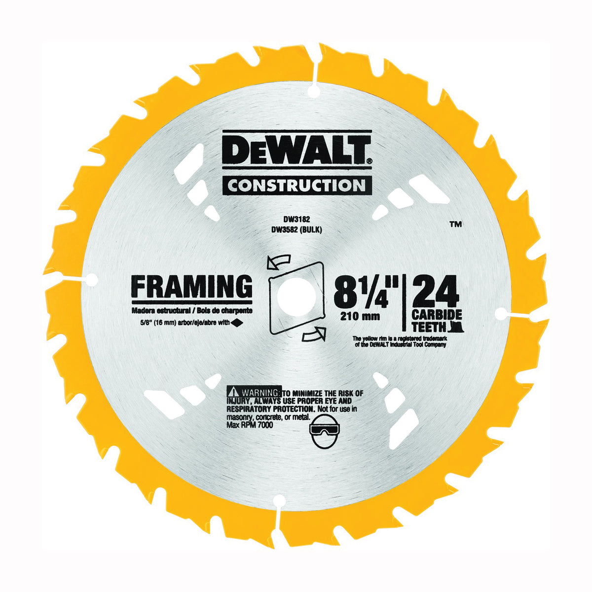 DeWALT DW3182 Framing Blade, 8-1/4 in Dia, 5/8 in Arbor, 24-Teeth, Carbide Cutting Edge