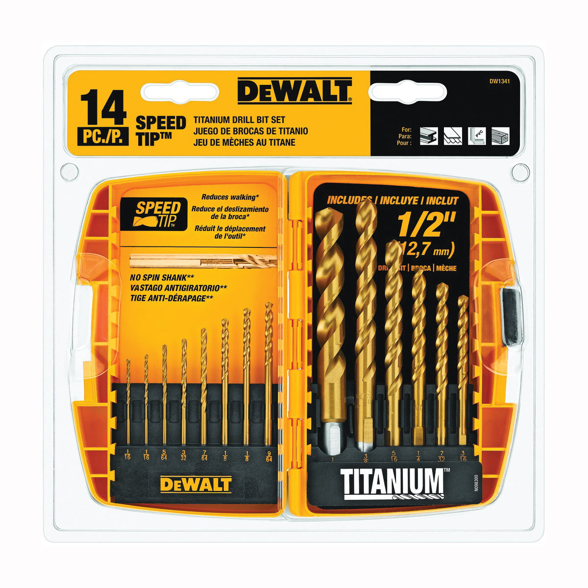 DeWALT DW1341 Drill Bit Set, Speed Tip, 14-Piece, Steel, Titanium