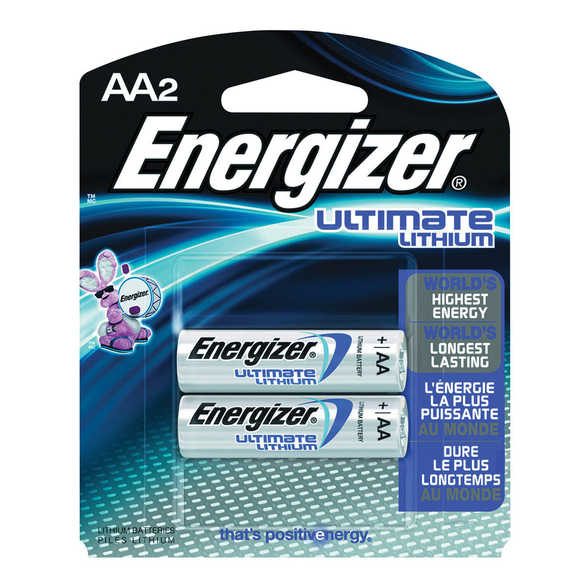 Energizer L91 L91BP-2 Battery, 1.5 V Battery, 3000 mAh, AA Battery, Lithium, Manganese Dioxide