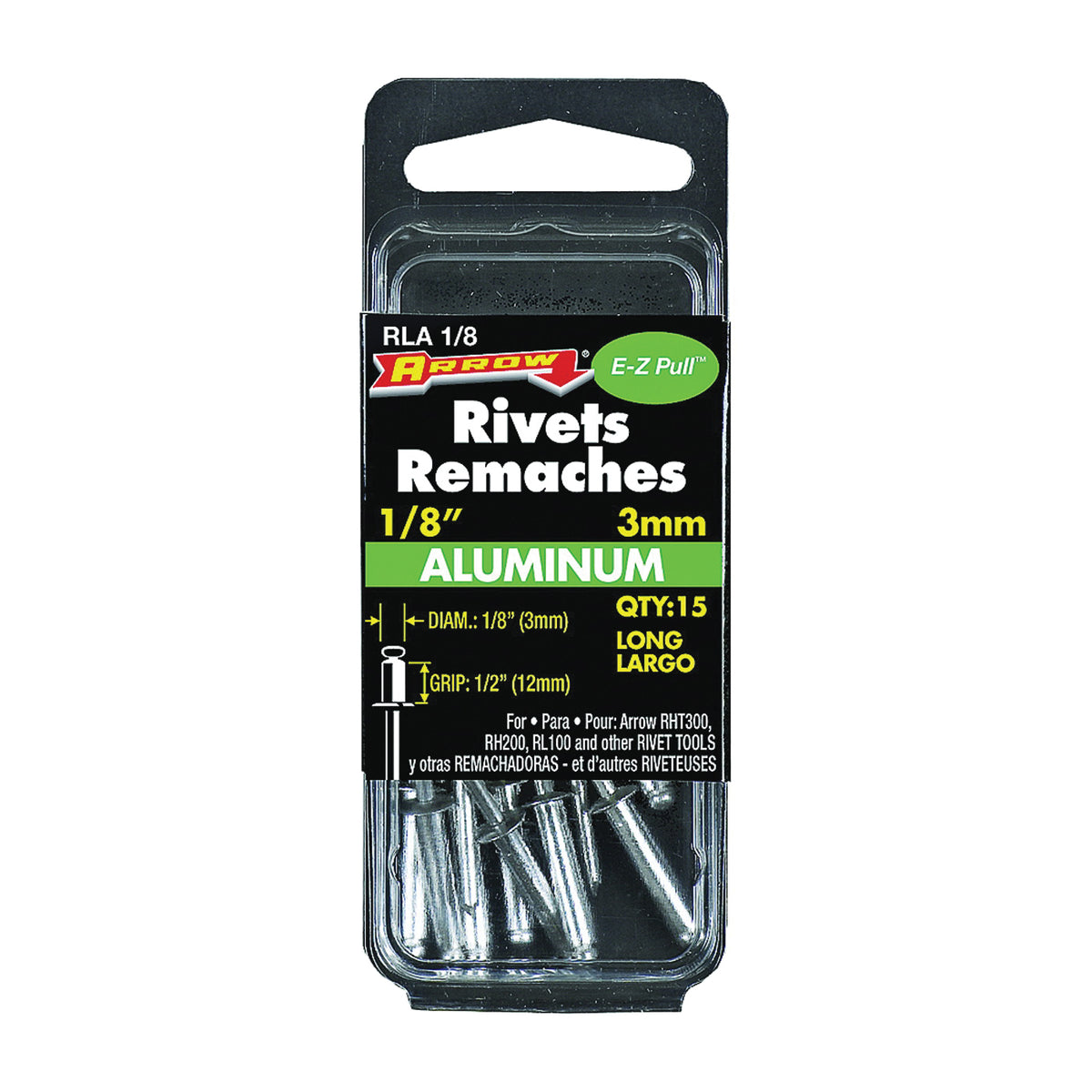 Arrow RLA1/8 Pop Rivet, Long, 1/2 in L, Aluminum