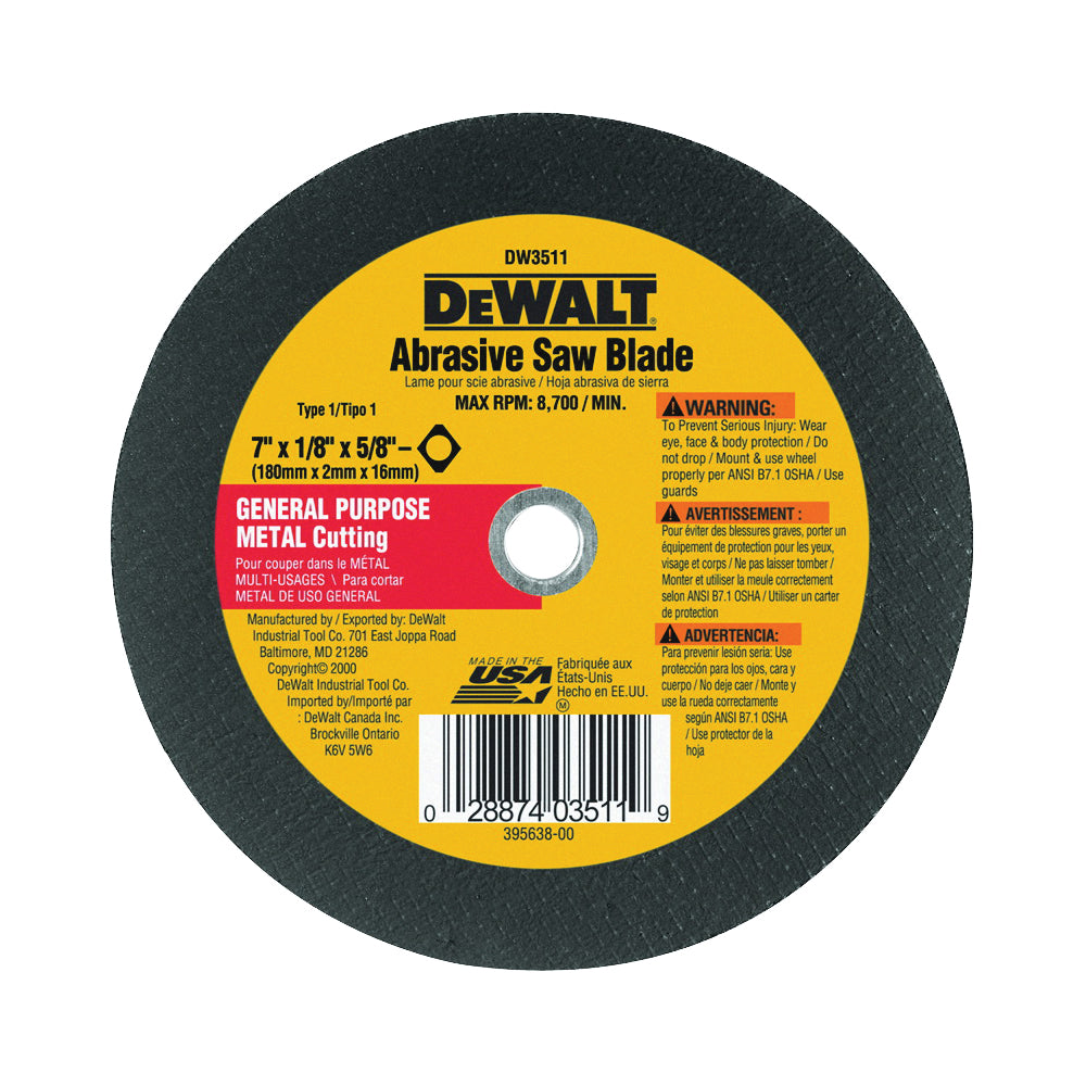 DeWALT HIGH PERFORMANCE DW3511 Abrasive Saw Blade, 7 in Dia, 5/8 in Arbor, Aluminum Oxide Cutting Edge
