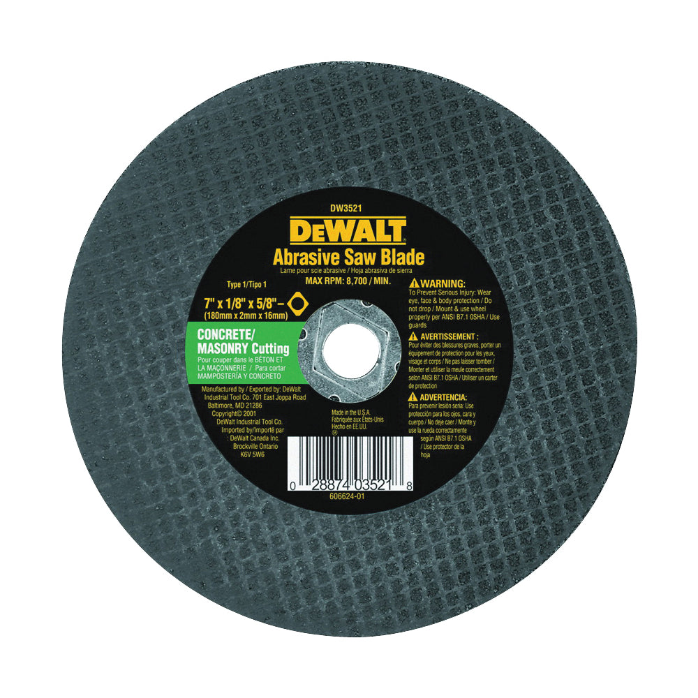 DeWALT HIGH PERFORMANCE DW3521 Abrasive Saw Blade, 7 in Dia, 5/8 in Arbor, Aluminum Oxide Cutting Edge