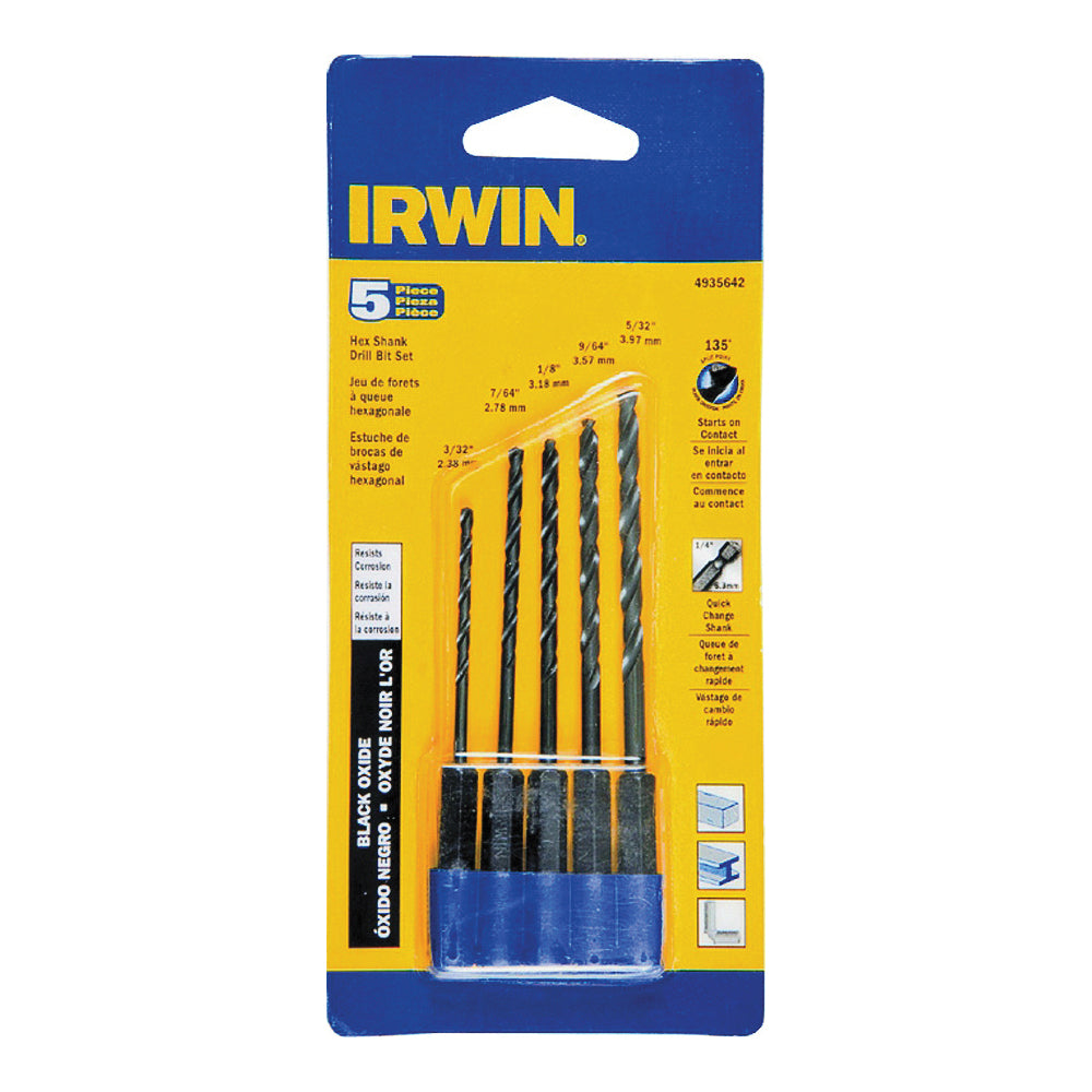 IRWIN 4935642 Jobber Length Drill Bit Set, Heavy-Duty, 5-Piece, Steel, Black Oxide