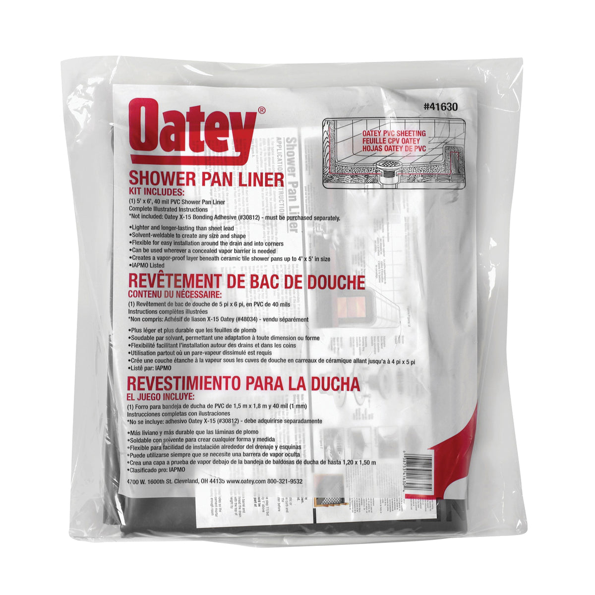 Oatey 41630 Shower Pan Line with Dam Corners, 6 ft L, 5 ft W, PVC, Gray