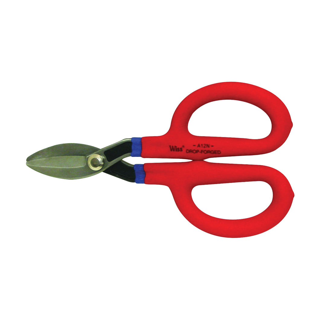 Crescent Wiss A12N Tinner Snip, 8-1/4 in OAL, Curved, Straight Cut, Steel Blade, Cushion-Grip Handle, Red Handle
