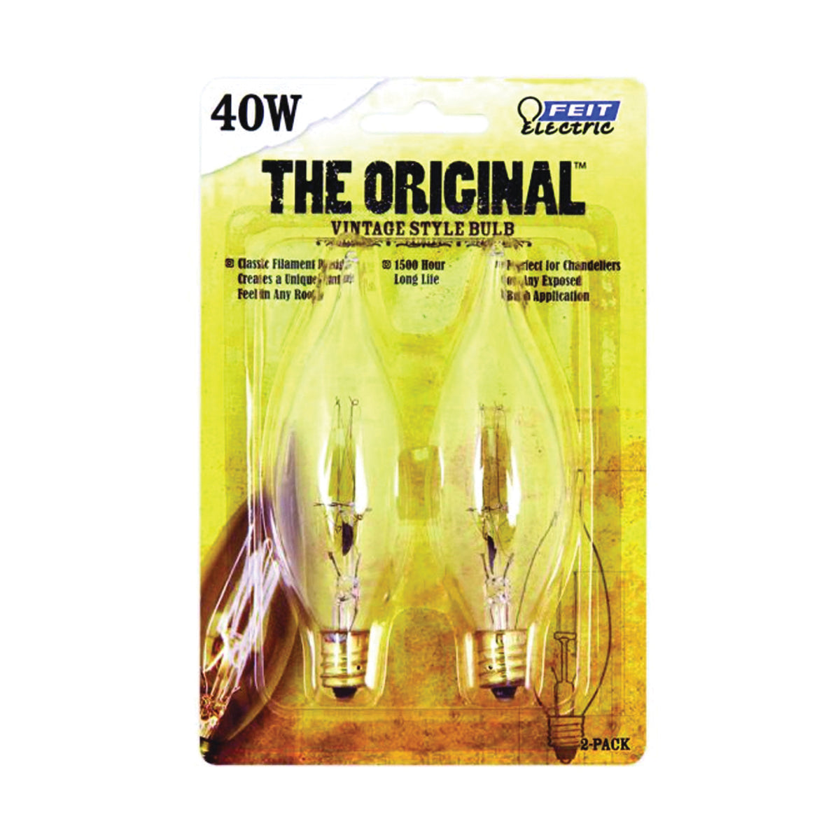 Feit Electric BP40CFT/RP Incandescent Lamp, 40 W, CA Lamp, Candelabra E12 Lamp Base, 370 Lumens, 2200 K Color Temp