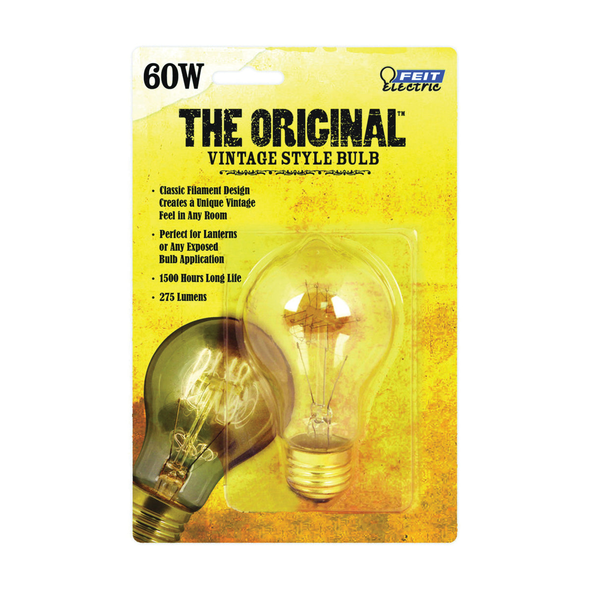 Feit Electric BP60AT19 Incandescent Bulb, 60 W, A19 Lamp, Medium E26 Lamp Base, 275 Lumens, 2200 K Color Temp