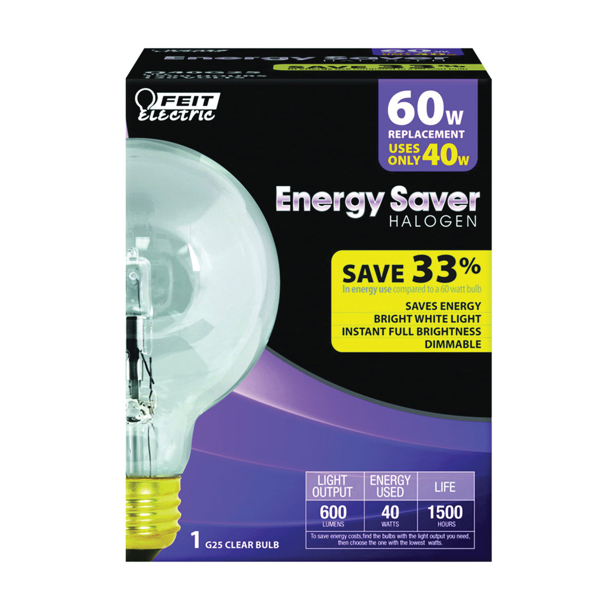 Feit Electric Q40G25 Halogen Bulb, 40 W, Candelabra E12 Lamp Base, G25 Lamp, 600 Lumens, 3000 K Color Temp