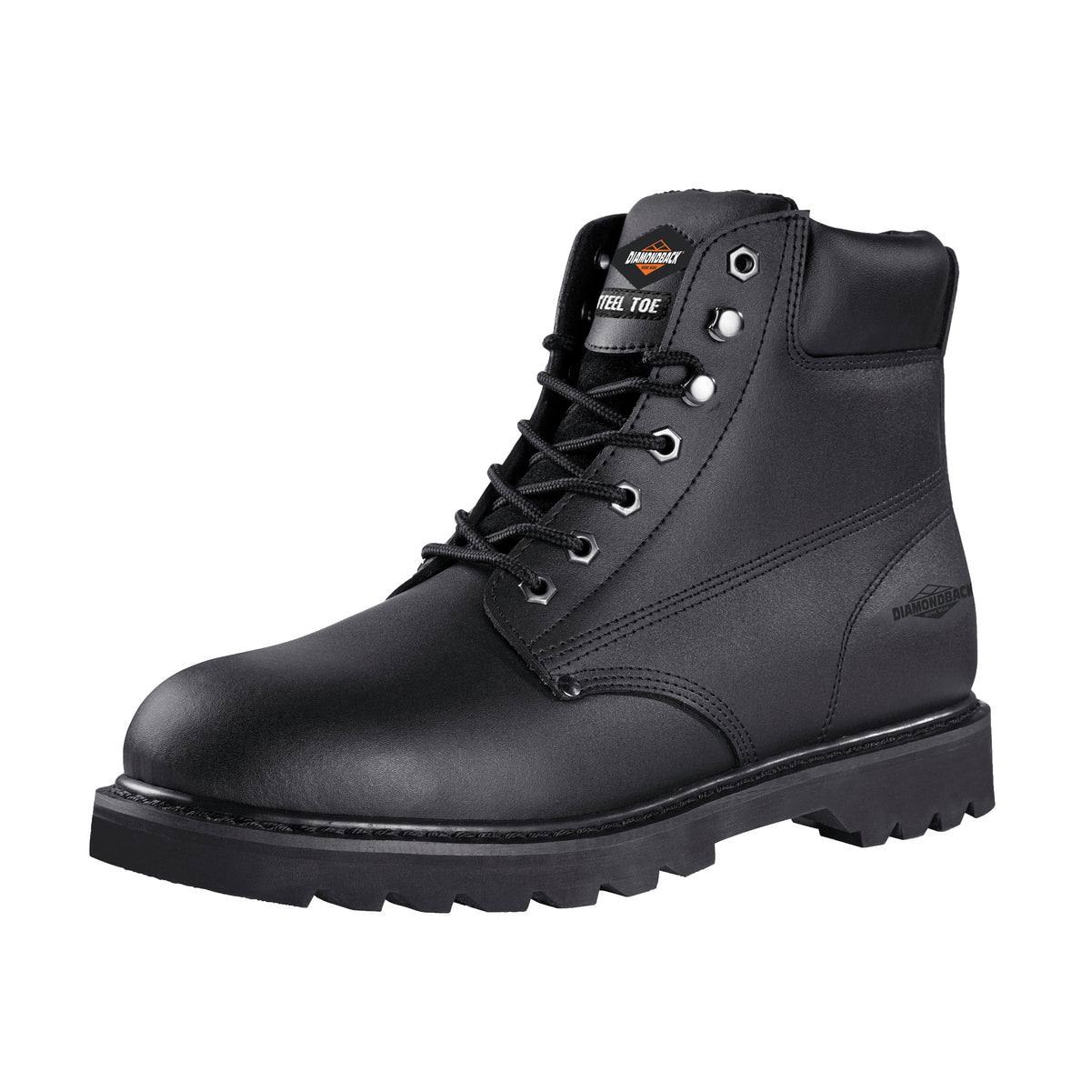 Diamondback Work Boots, 8, Medium W, Black, Leather Upper, Lace-Up, Steel Toe, With Lining
