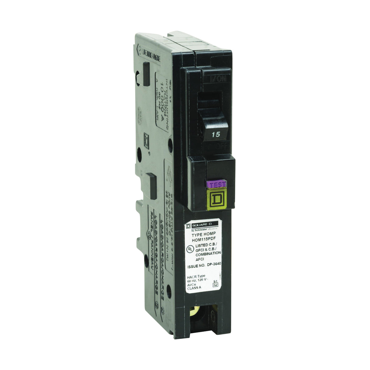 Square D HOM115PDFC Circuit Breaker, Dual Function, Mini, 15 A, 1 -Pole, 120 V, Plug Mounting