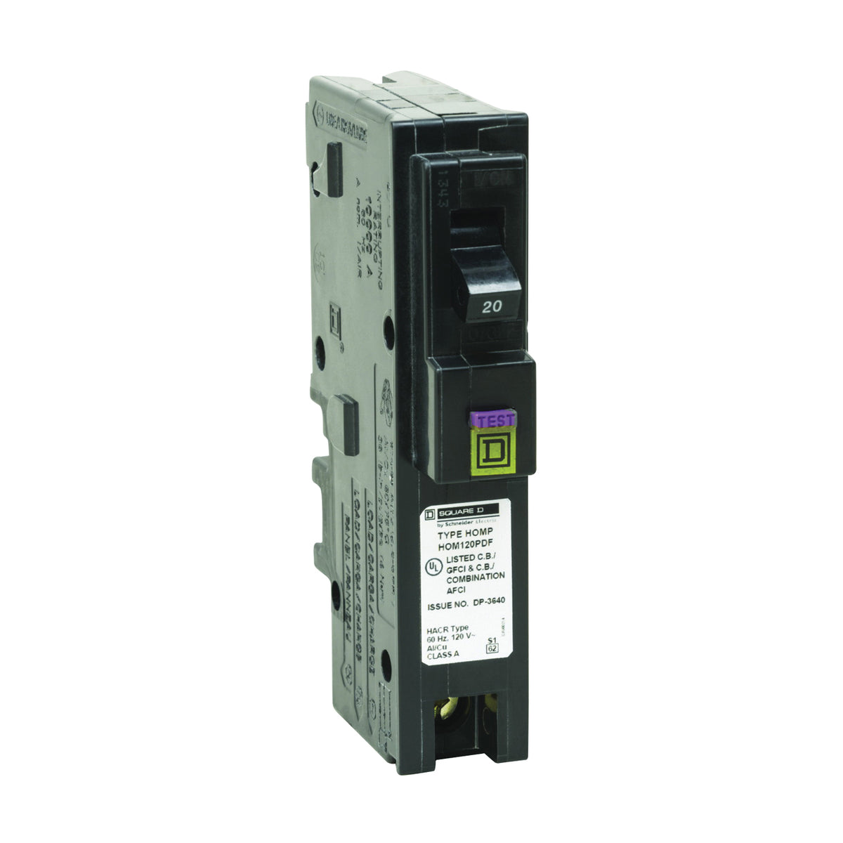 Square D HOM120PDFC Circuit Breaker, Dual Function, Mini, 20 A, 1 -Pole, 120 V, Plug Mounting