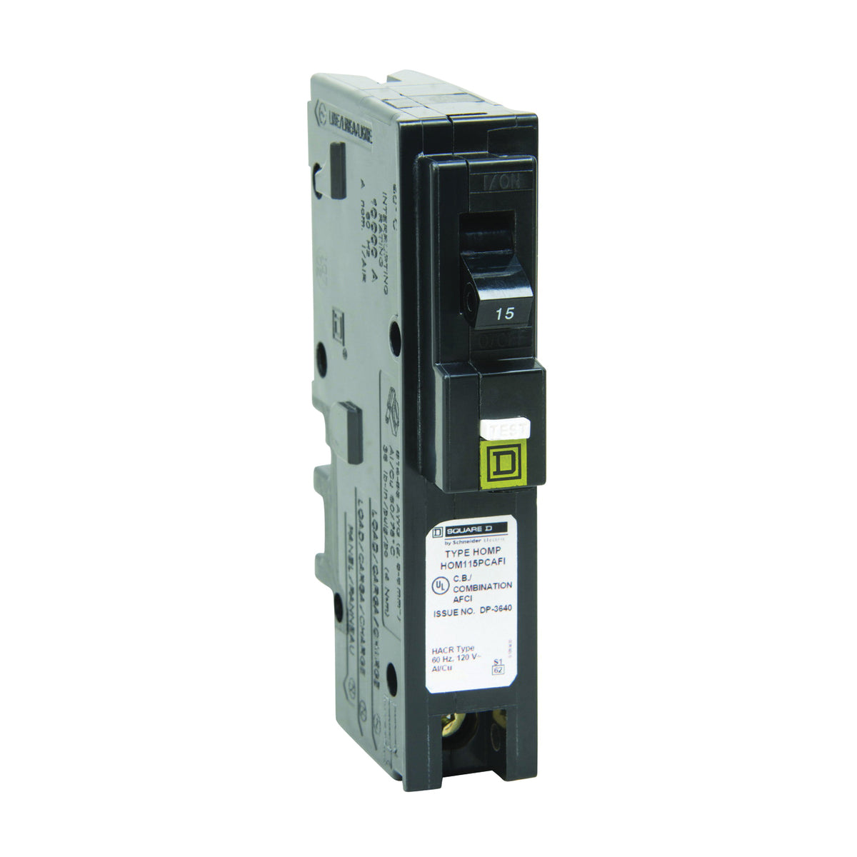Square D HOM115PCAFIC Circuit Breaker, CAFCI, Mini, 15 A, 1 -Pole, 120 V, Plug Mounting