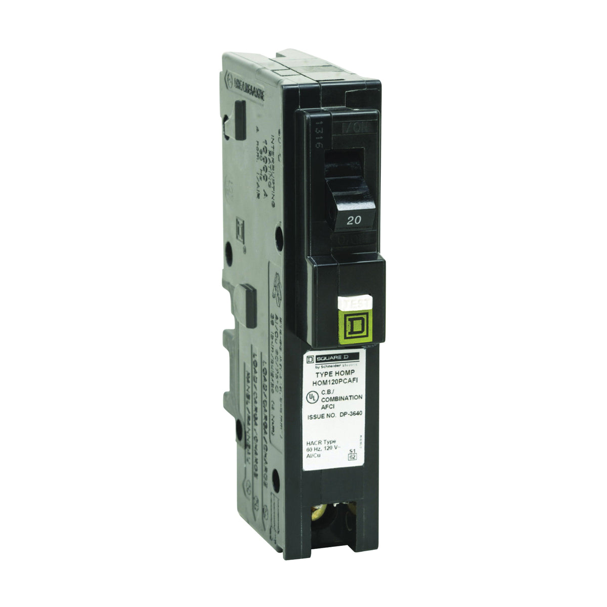 Square D HOM120PCAFIC Circuit Breaker, CAFCI, Mini, 20 A, 1 -Pole, 120 V, Plug Mounting