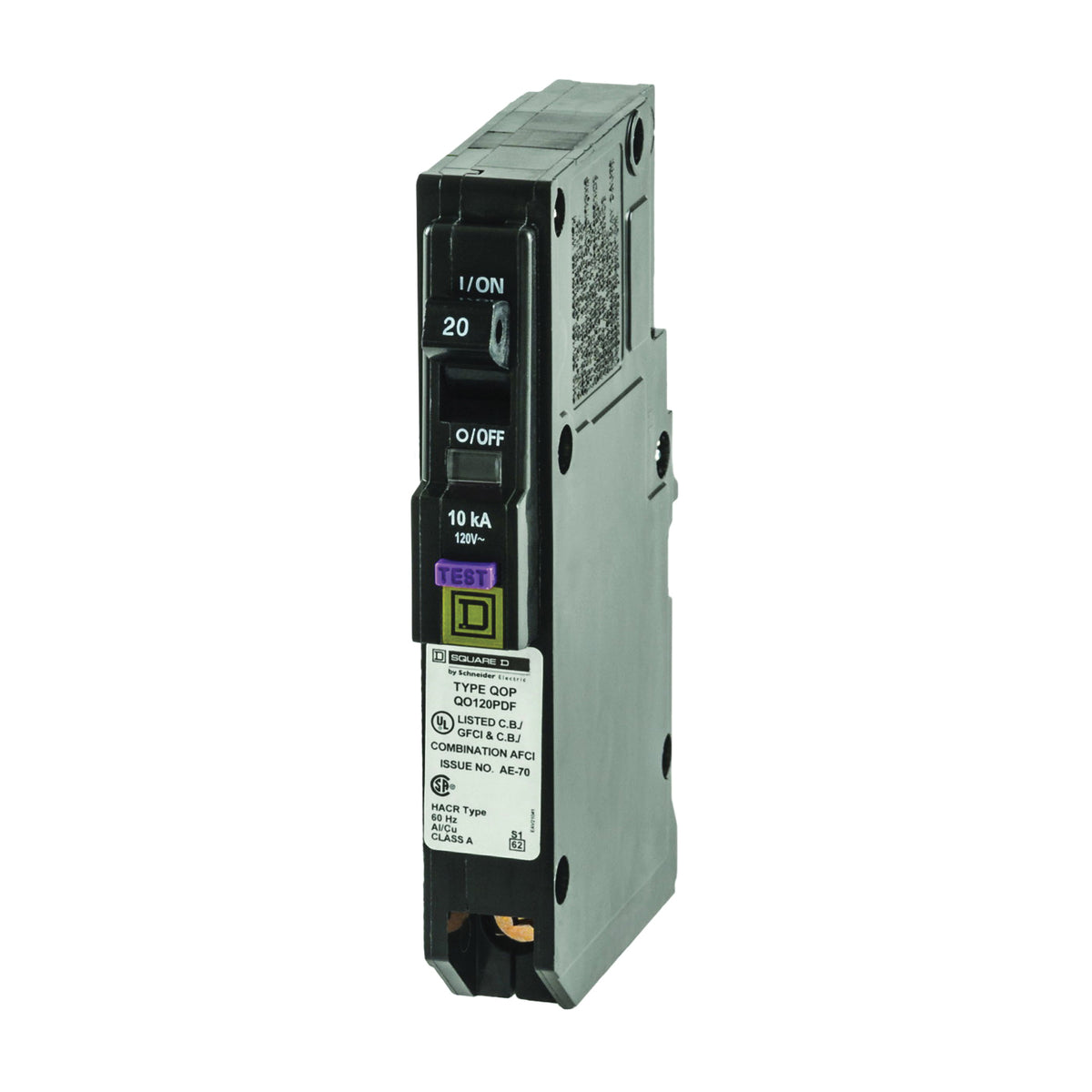 Square D QO120PDFC Circuit Breaker, CAFCI, Mini, 20 A, 1 -Pole, 120 V, Plug Mounting
