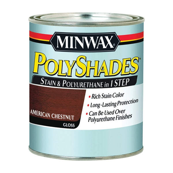 Minwax PolyShades 214754444 Wood Stain and Polyurethane, Gloss, American Chestnut, Liquid, 0.5 pt, Can