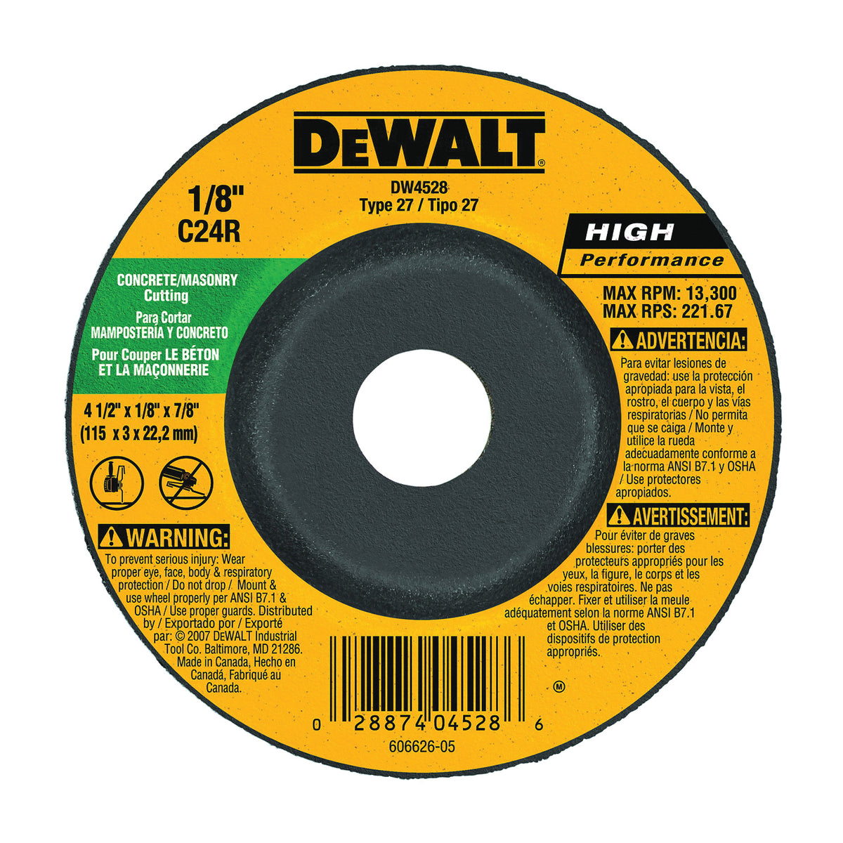 DeWALT DW4528 Grinding Wheel, 4-1/2 in Dia, 1/8 in Thick, 7/8 in Arbor, 24 Grit, Coarse, Silicone Carbide Abrasive