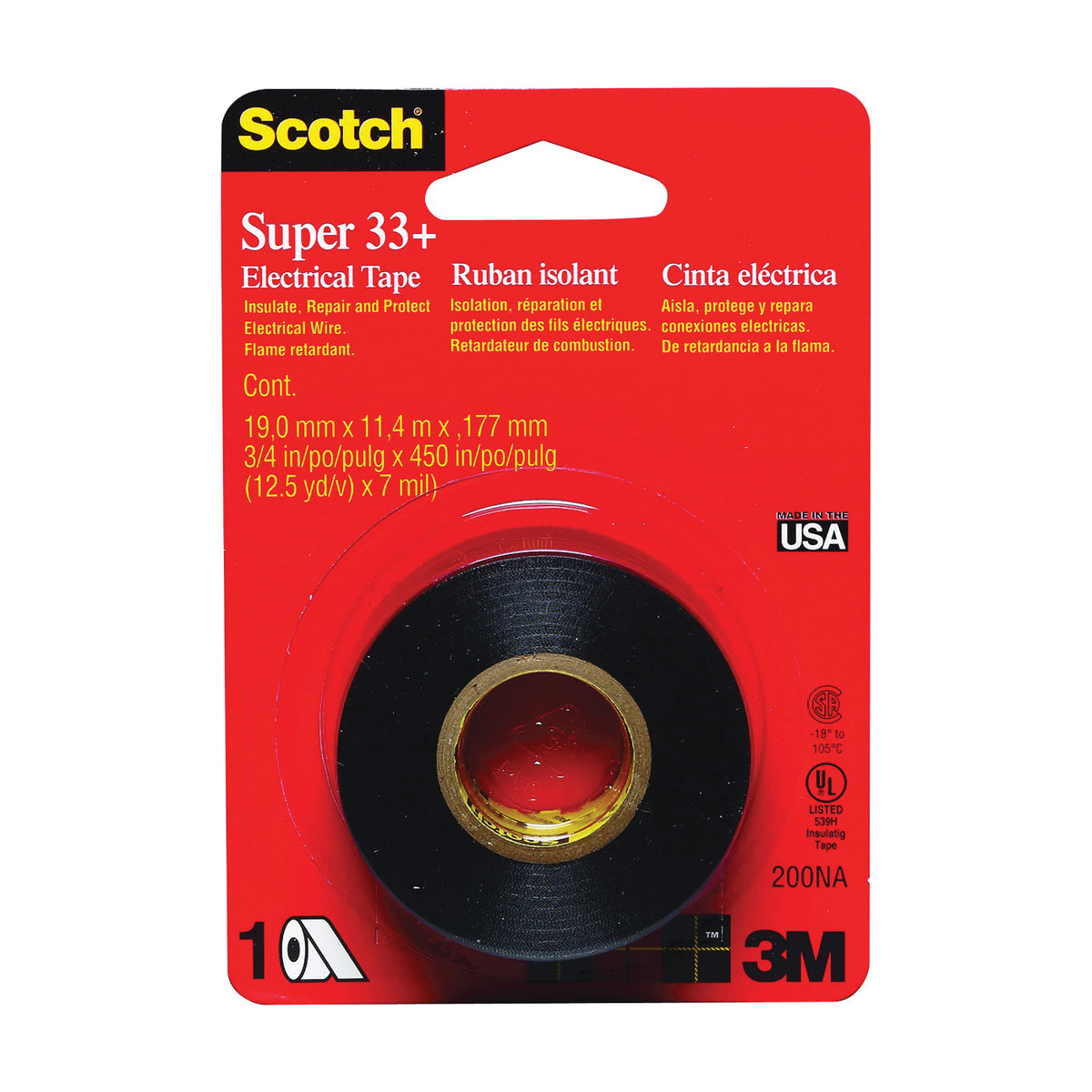 Scotch 200 Electrical Tape, 450 in L, 3/4 in W, PVC Backing, Black