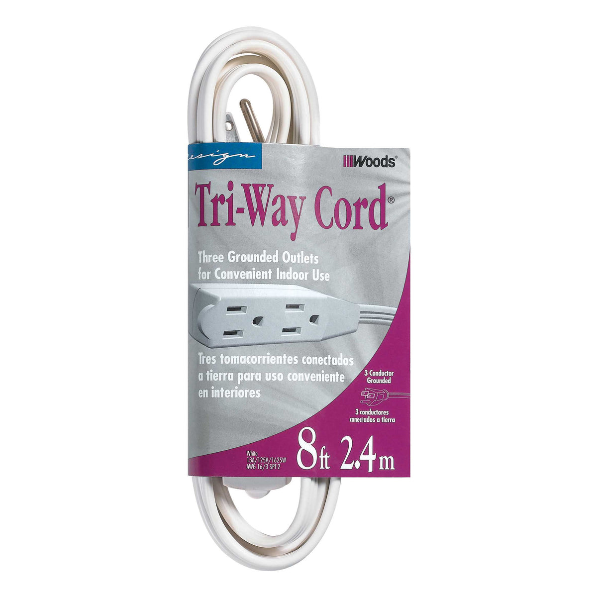 CCI 0609 Extension Cord, 16 AWG Cable, 8 ft L, 13 A, 125 V, White