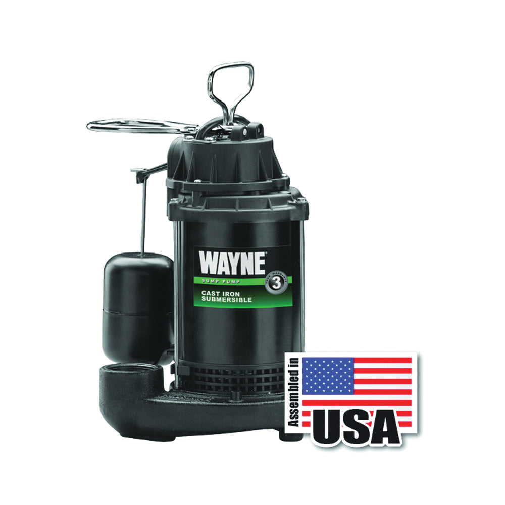 WAYNE CDU800 Sump Pump, 1-Phase, 10 A, 120 V, 0.5 hp, 1-1/2 in Outlet, 20 ft Max Head, 2040 gph, Iron