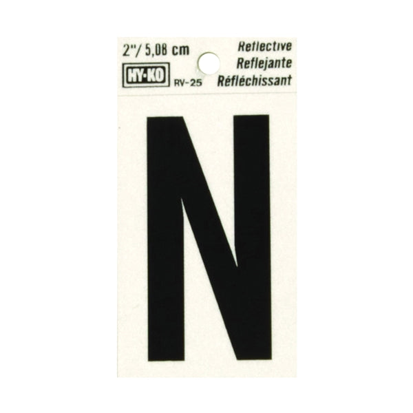 HY-KO RV-25/N Reflective Letter, Character: N, 2 in H Character, Black Character, Silver Background, Vinyl