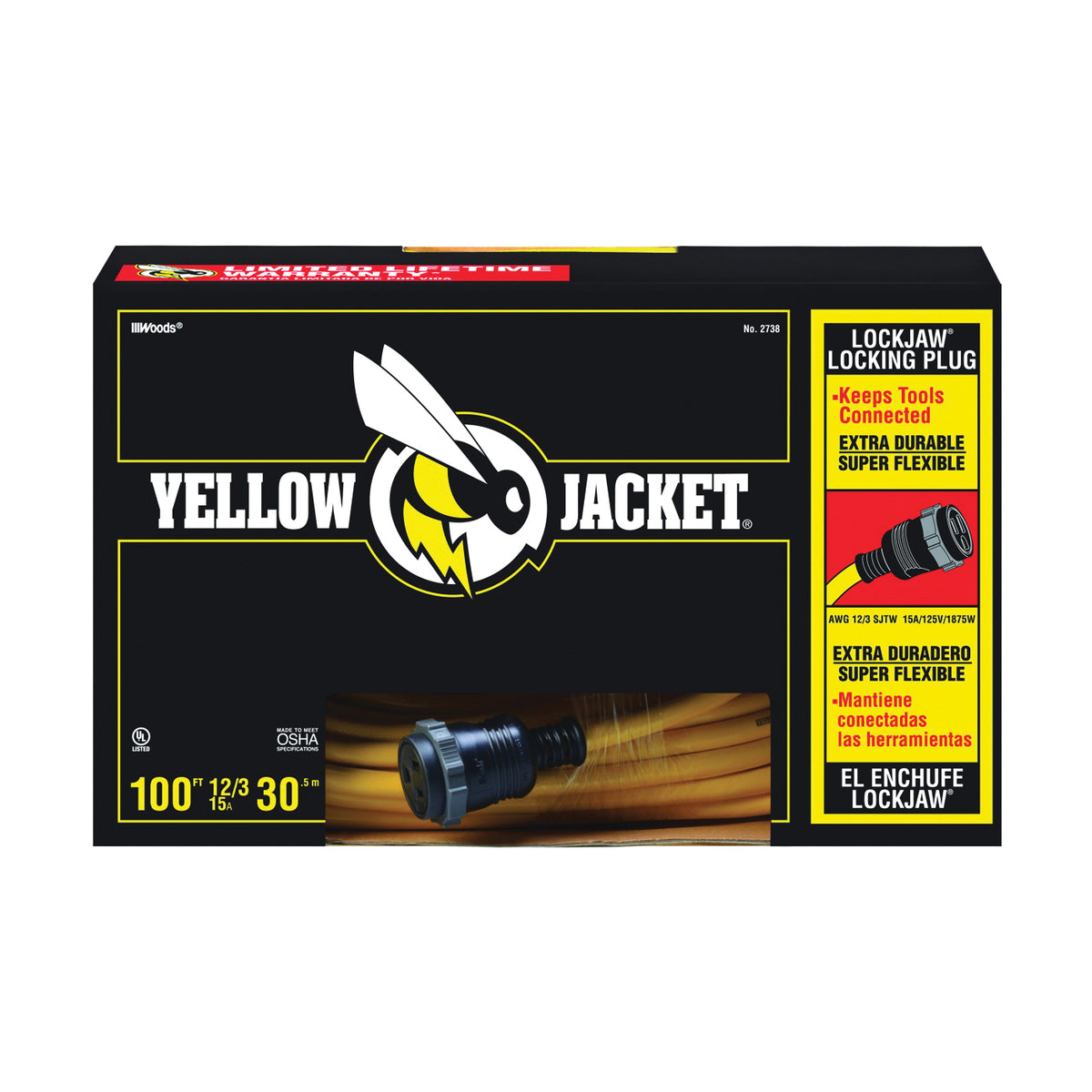 CCI 2738 Extension Cord, 12 AWG Cable, 100 ft L, 15 A, 125 V, Yellow