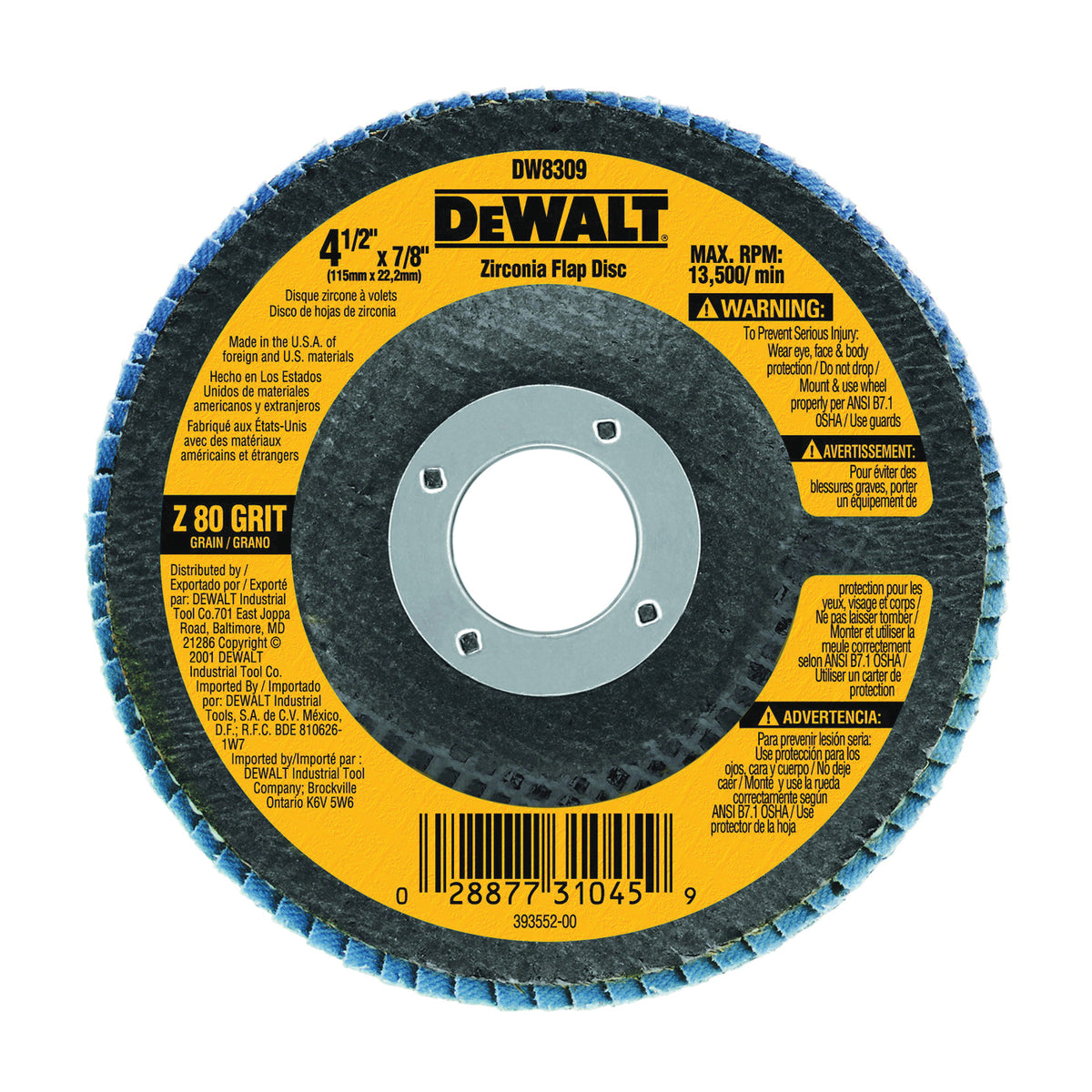 DeWALT DW8309 Flap Disc, 4-1/2 in Dia, 7/8 in Arbor, Coated, 80 Grit, Zirconia Abrasive, Fiberglass Backing