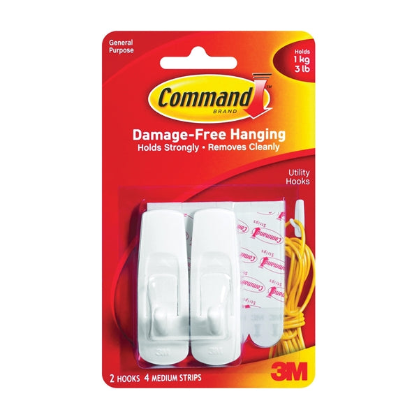 Command 17001 Utility Hook, 3 lb, 2-Hook, Plastic, White