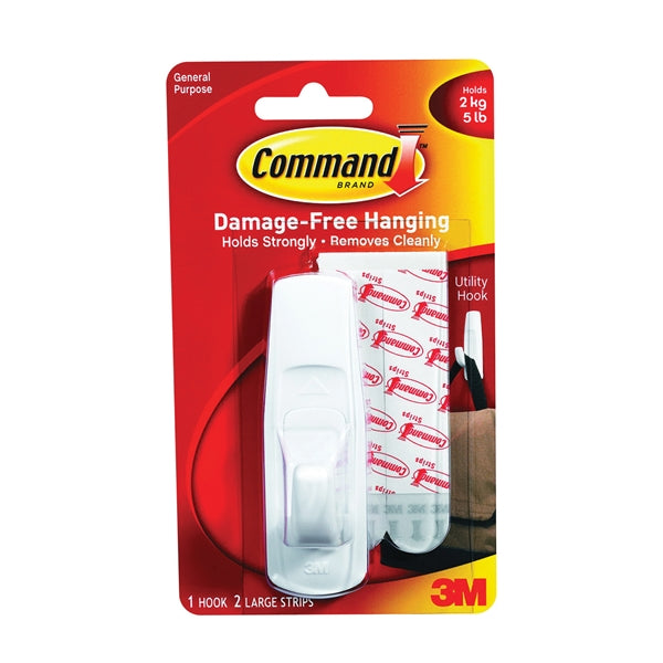 Command 17003 Utility Hook, 7/8 in Opening, 5 lb, 1-Hook, Plastic, White
