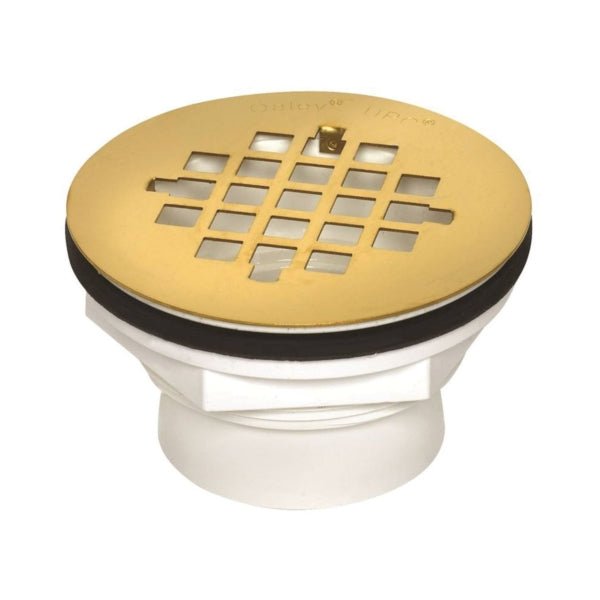 Oatey 42078 PVC Shower Drain with Polished Brass Strainer, PVC, White, For: 2 in SCH 40 DWV Pipes