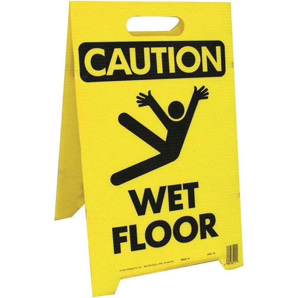 HY-KO PFS-11 Caution Wet Floor Sign, 12-1/4 in W, Yellow Background, CAUTION SLIPPERY WHEN WET, English and Spanish