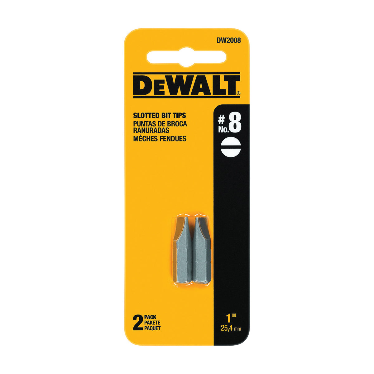 DeWALT DW2008 Screwdriver Bit, #8 Drive, Slotted Drive, 1/4 in Shank, Hex Shank, 1 in L, Steel