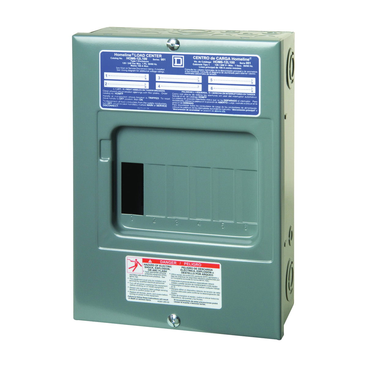 Square D Homeline HOM612L100SCP Load Center, 100 A, 6 -Space, 12 -Circuit, Main Lug, NEMA 1 Enclosure, Gray