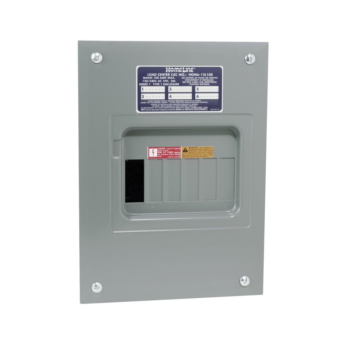 Square D Homeline HOM612L100FCP Load Center, 100 A, 6 -Space, 12 -Circuit, Main Lug, NEMA 1 Enclosure, Gray